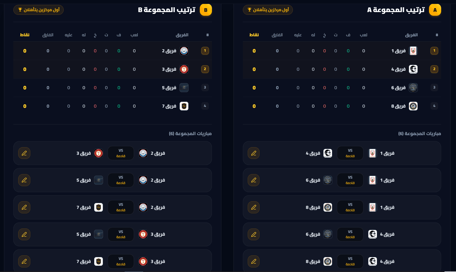 Tournament Standings and Fixtures